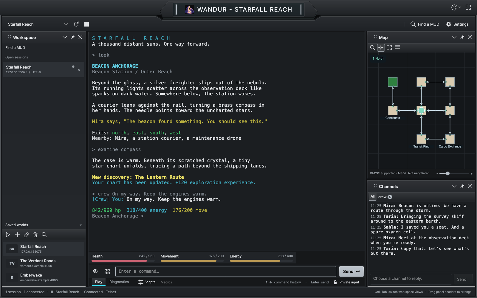 The current Wandur client in the Slate theme with a populated transcript, room map, crew chat and health, energy and movement bars