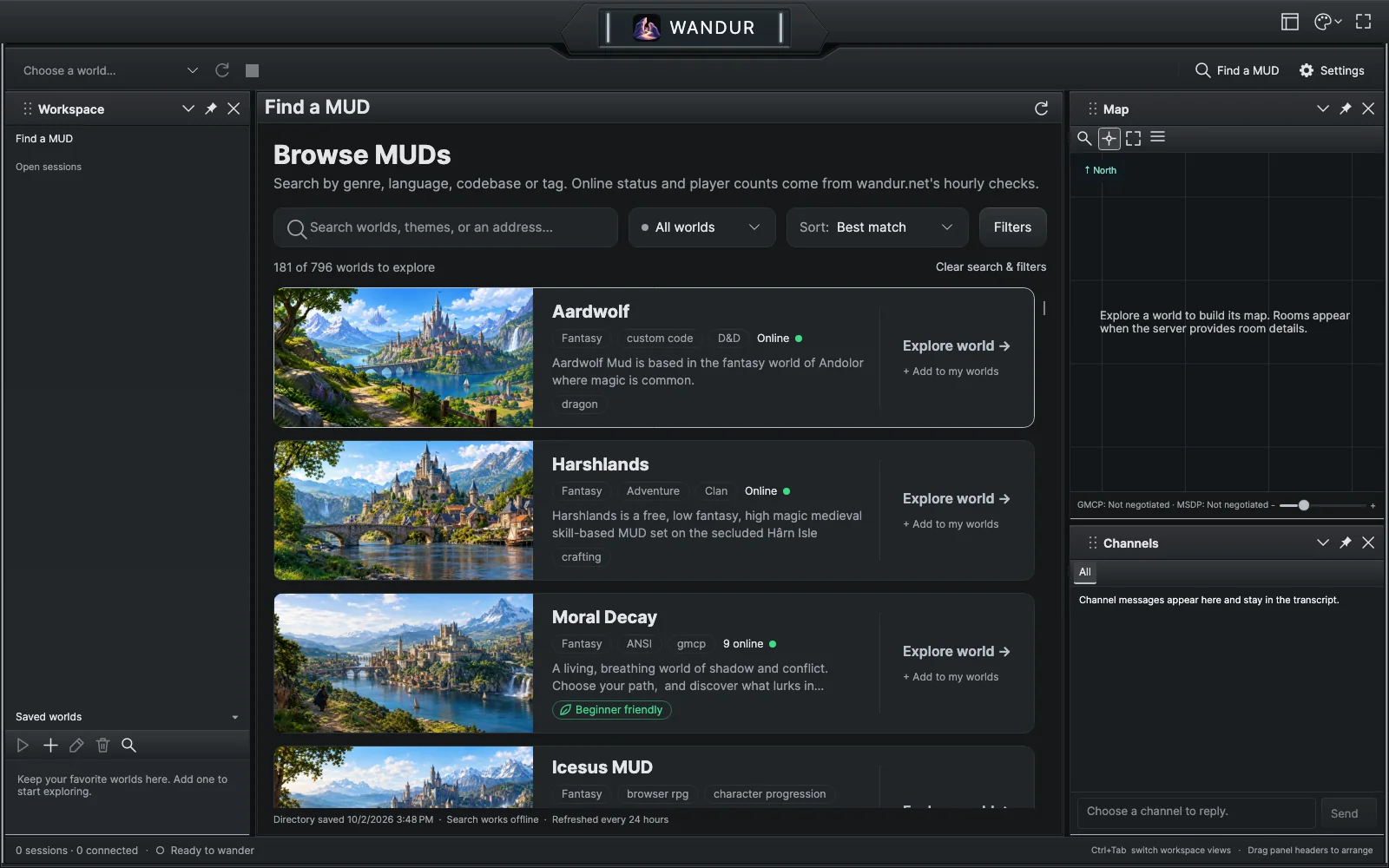 Find a MUD inside the client window, filtered to fantasy worlds: the search box, the online and sort selects, Filters, and world rows with artwork and an online status