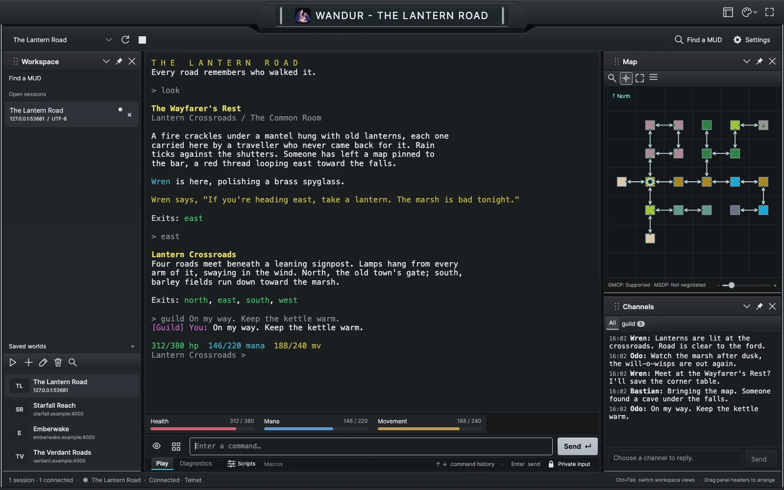The Wandur window in the Slate theme: the Workspace panel on the left, a session in the center, and the Map and Channels panels stacked on the right