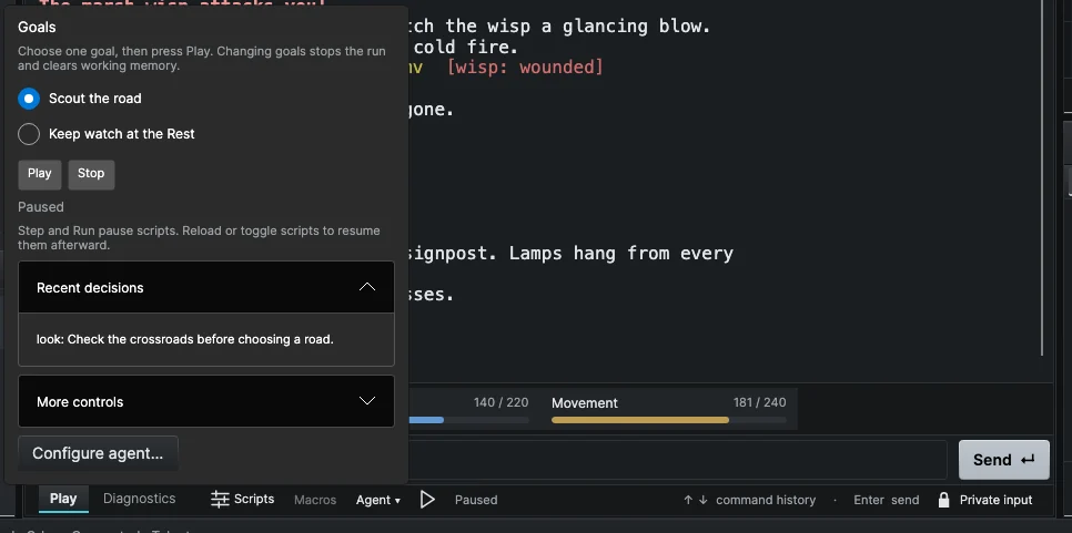 The Agent menu in the session footer with a goal selected, the Play button and the Recent decisions list