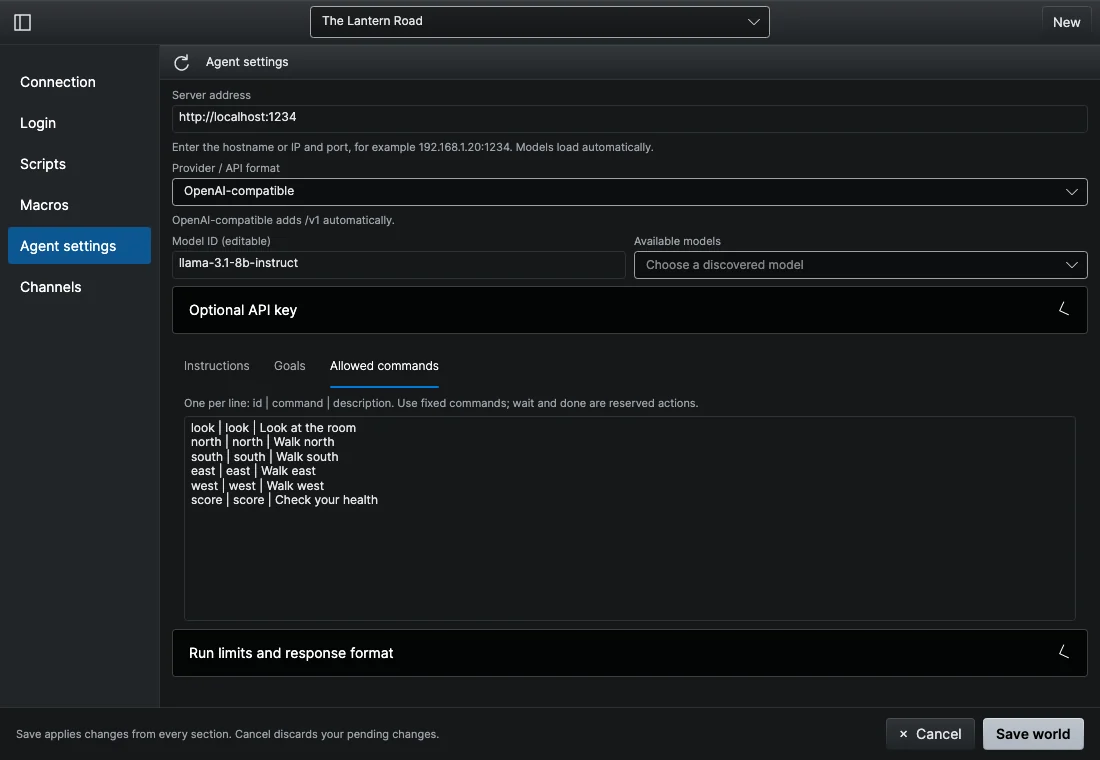 The Agent settings section of the world editor with a server address, provider, model and allowed commands filled in