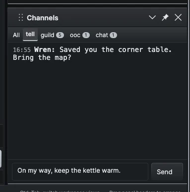 The reply box at the bottom of the Channels panel on a tell tab, with a message typed and the Send button