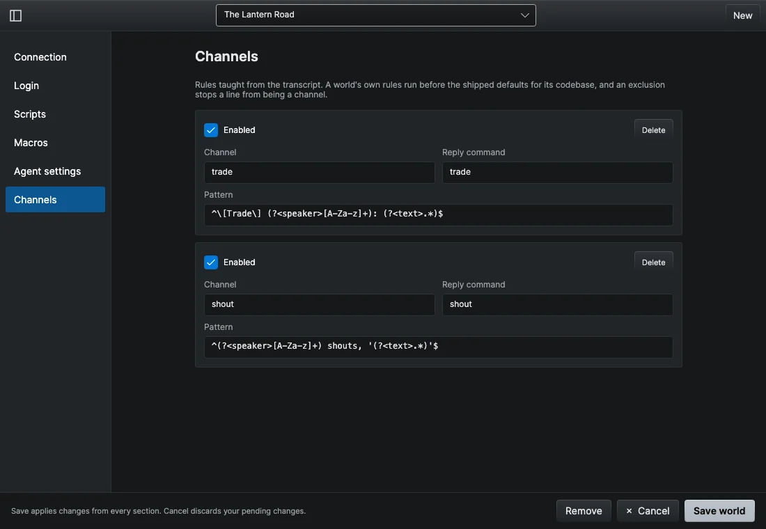 The Channels section of World settings listing two taught rules with their channel, pattern, reply command and Enabled switch
