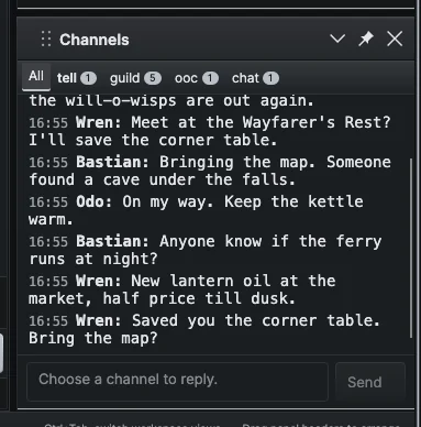 The Channels panel below the map on the right, with the All tab and tabs for tell, ooc and chat, showing a few messages with timestamps and speaker names