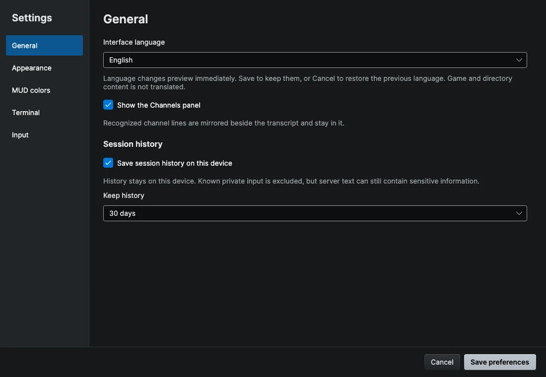 The General page of Settings with the Session history options