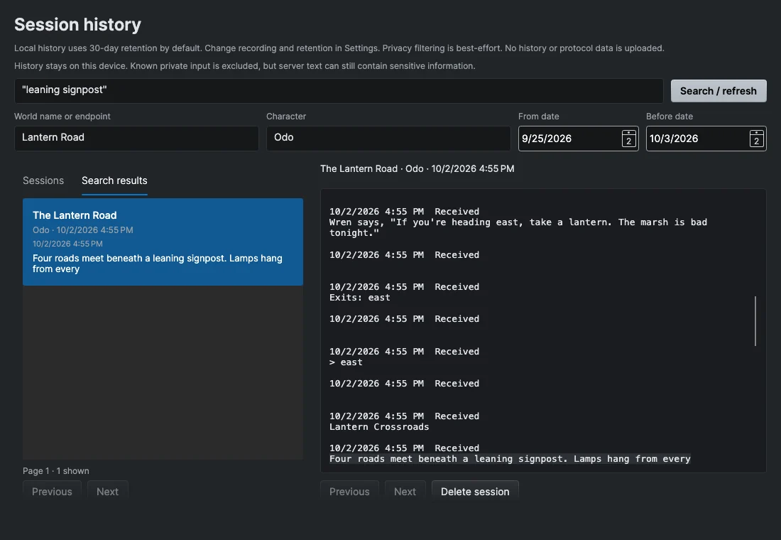 The Session history window with a search for a quoted phrase, the filters filled in and a result selected with its surrounding transcript