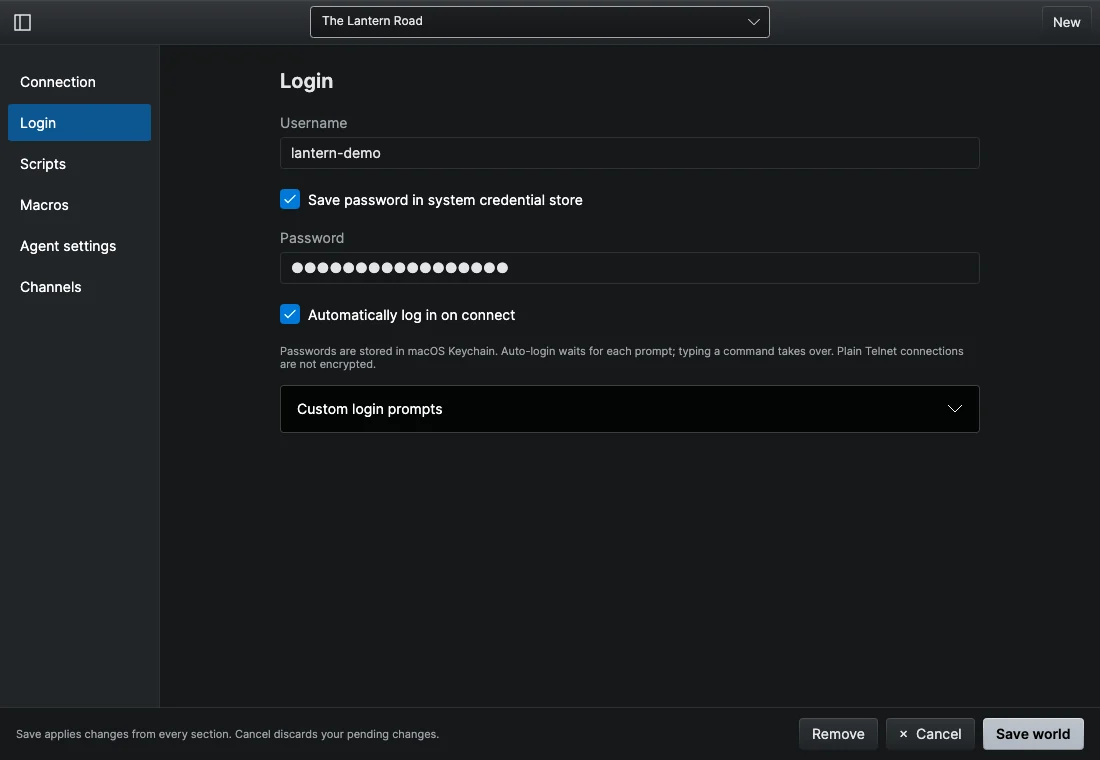 The Login section of World settings with the username filled in, Save password checked, the password field showing dots, and Automatically log in on connect checked