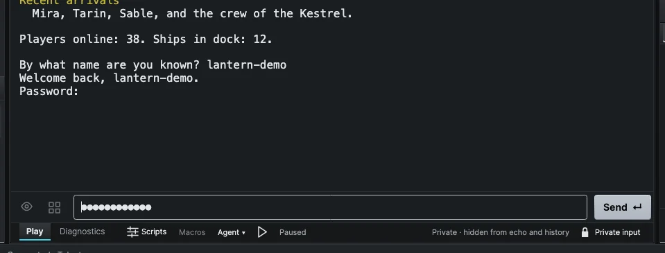 The command box in private input, showing dots in place of the password and the "Private · hidden from echo and history" hint