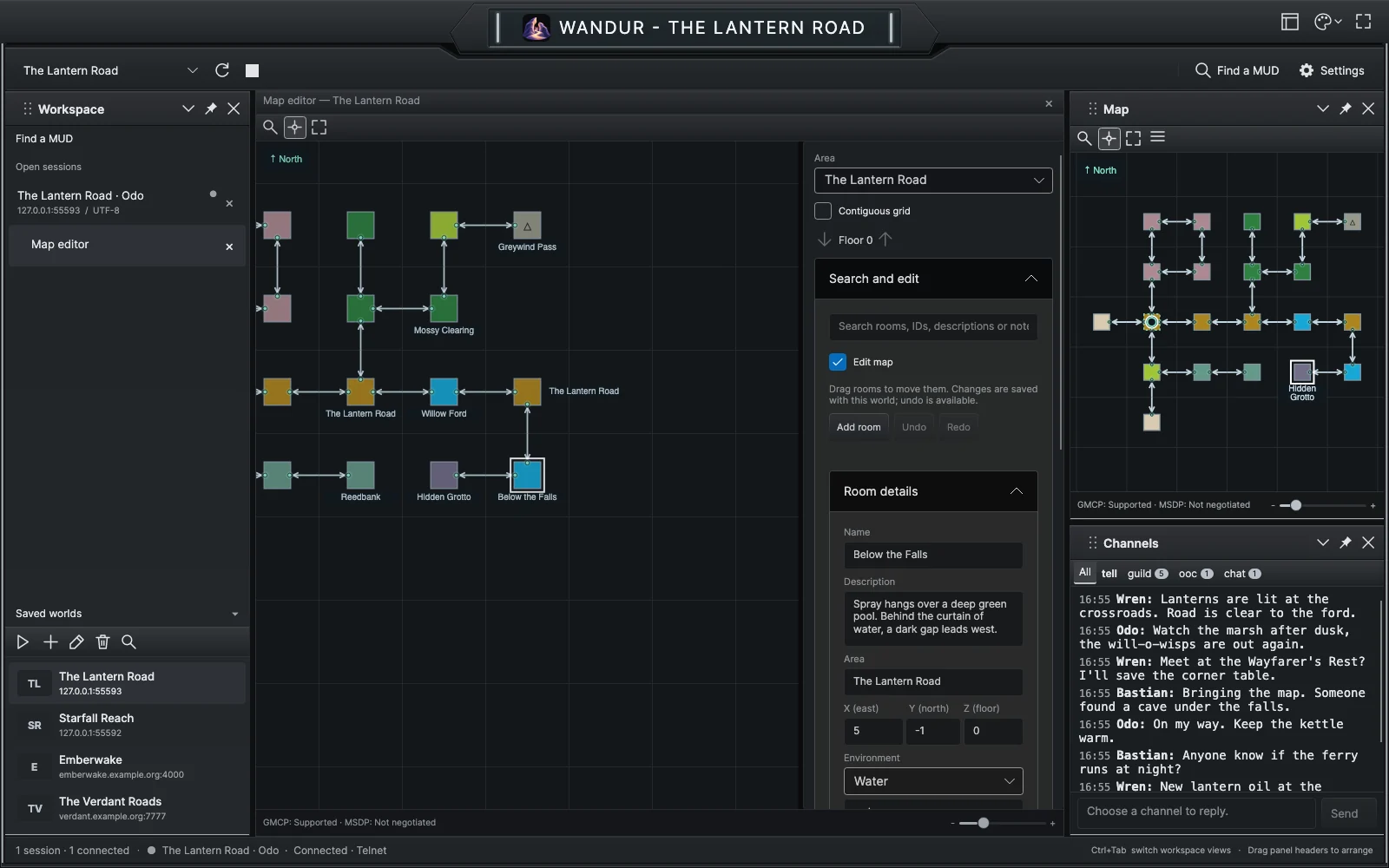 The map editor with a room selected and the Room details form filled in on the right