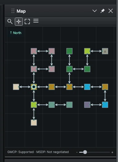 The Map panel on the right of the window, showing colored rooms, connections and the current room while a session plays in the center