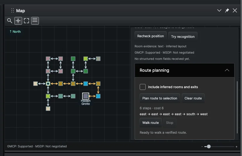 A planned route highlighted on the map with the Route planning section open, showing the step count, cost and the Walk route button