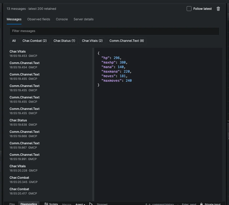 The Diagnostics view with the Messages tab open, a Char.Vitals message selected and its JSON shown on the right