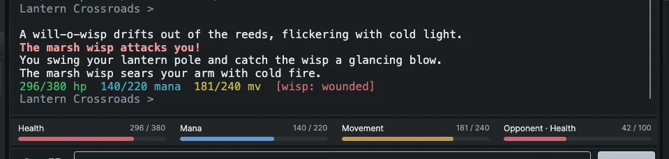 A session with the resource bar strip between the transcript and the command box, showing Health, Mana and Movement bars and an Opponent bar during a fight