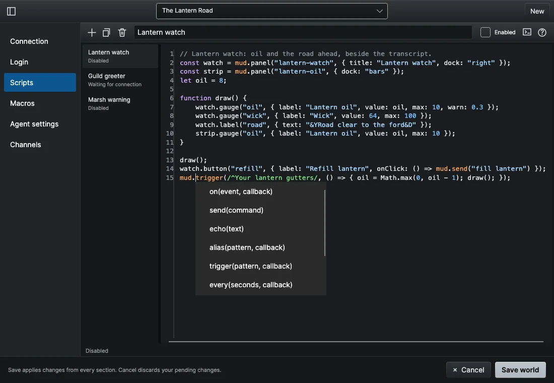 The Scripts section of the world editor with a script open in the code editor and completion suggestions showing