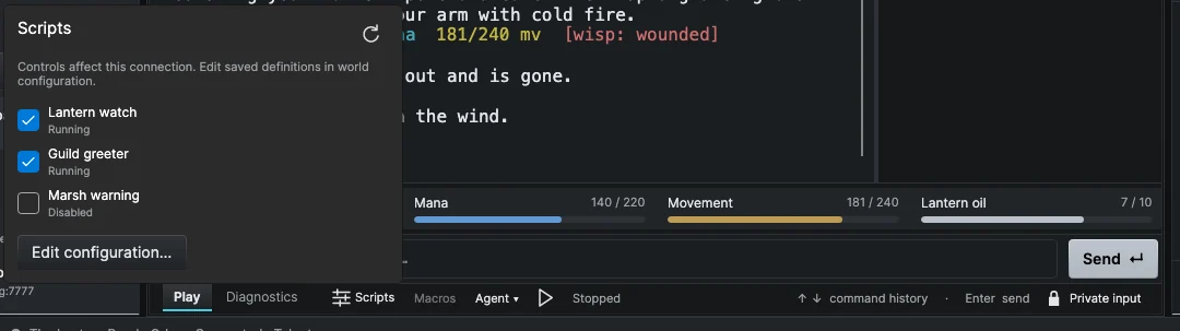 The session footer with the Scripts menu open, showing per-script switches and Reload saved rules