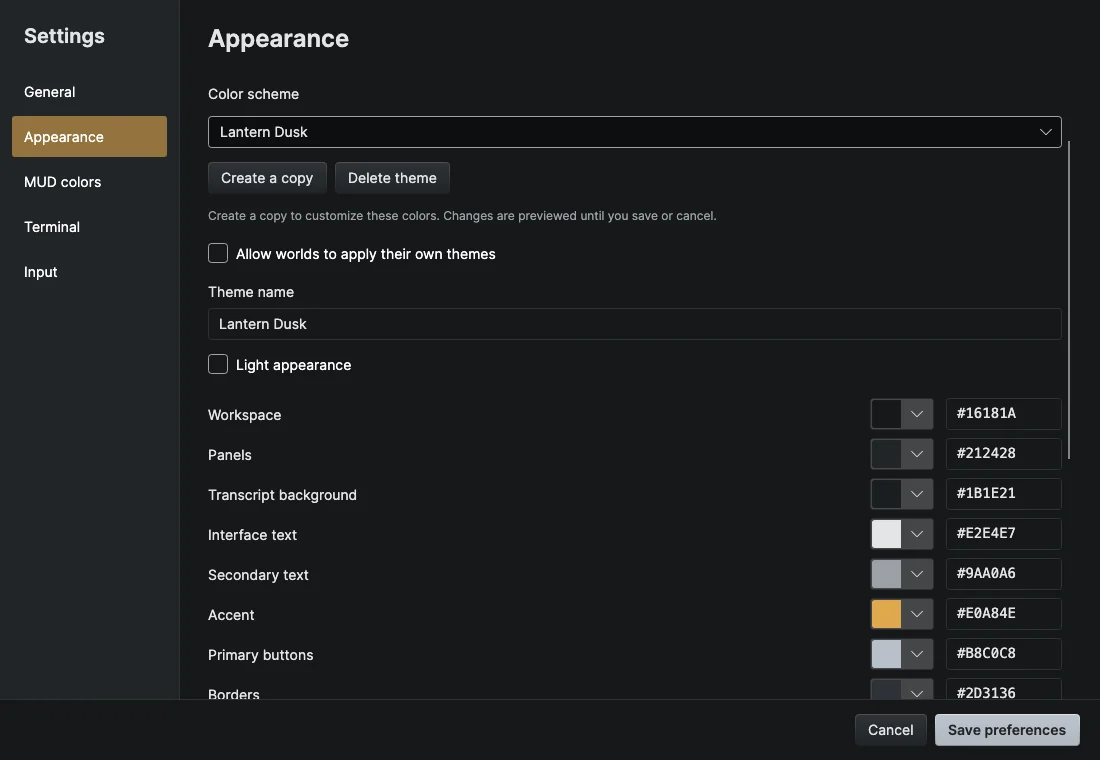 Settings open on the Appearance section with a custom theme selected and the color list with pickers and hex values