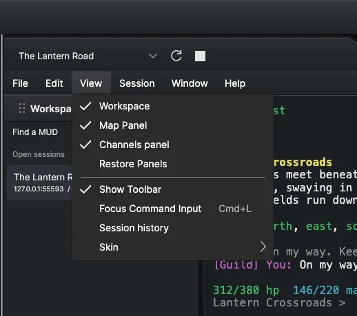 The View menu open, showing the Workspace, Map Panel and Channels panel check marks and Restore Panels