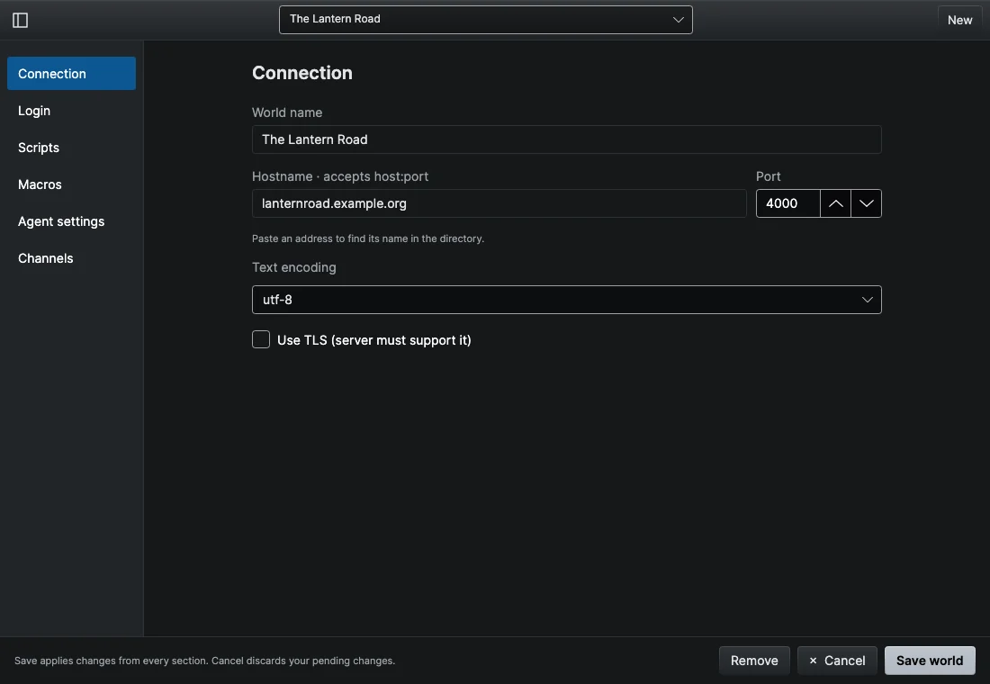 The Connection section of the world editor with Hostname, Port, Text encoding and the Use TLS check box